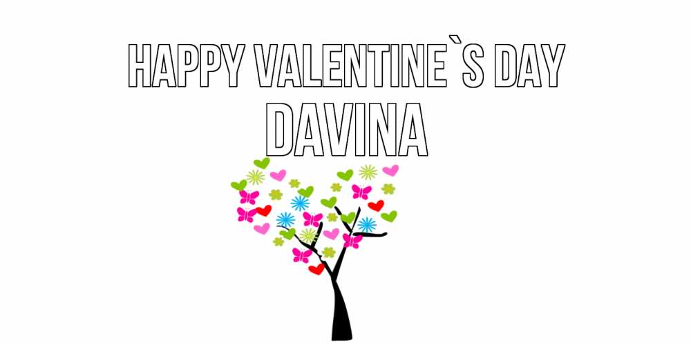 Greetings card с именем, Davina Happy Valentine`s Day дерево из бабочке и сердечек Greetings with text for free download 